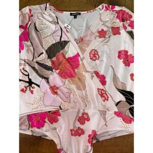 NWT Womens Express Pink Black Floral Long Sleeve Snap Button Bodysuit Size XL